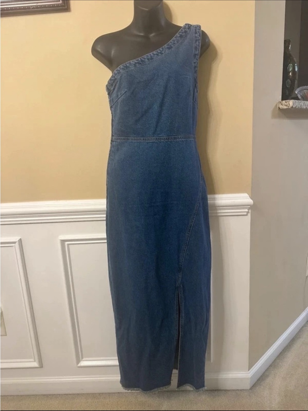 Forever 21 One-Shoulder Blue Denim Maxi Dress
